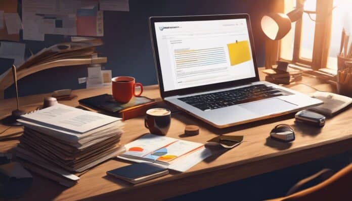 Een rommelig bureau met zakelijke boeken, aantekeningen en een laptop.