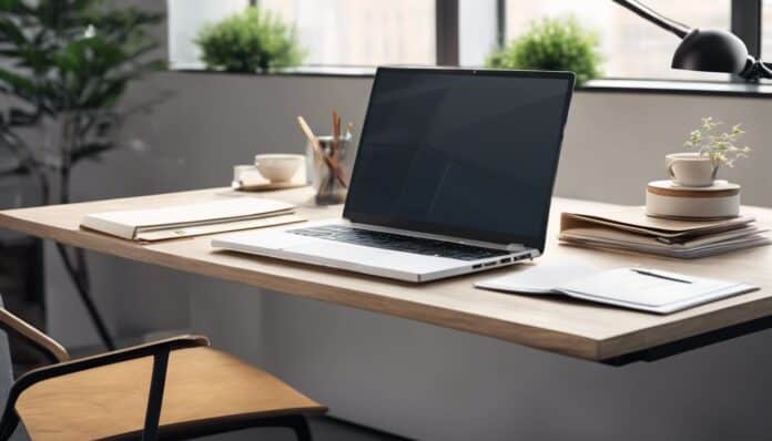 Een modern kantoorbureau met een laptop en taalwoordenboeken.
