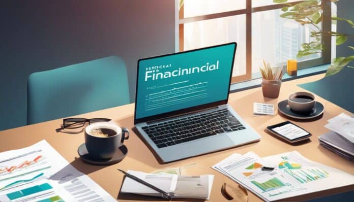 Een divers scala aan financi&euml;le documenten en een laptop op een bureau, tonen verschillende financieringsopties voor het verwerven van een bedrijf zonder persoonlijk kapitaal.