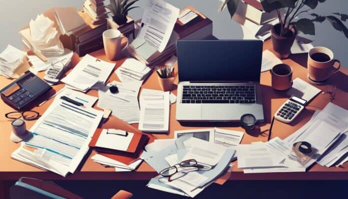 Een rommelig bureau met juridische documenten en financiële rapporten.