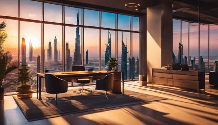 Een leeg kantoor met modern meubilair en uitzicht op de Dubai skyline.