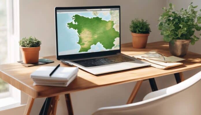 Een gezellige en uitnodigende werkruimte met een houten bureau, laptop en planten.