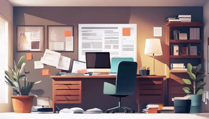 Een rommelig thuiskantoor met verspreide documenten en een laptop.