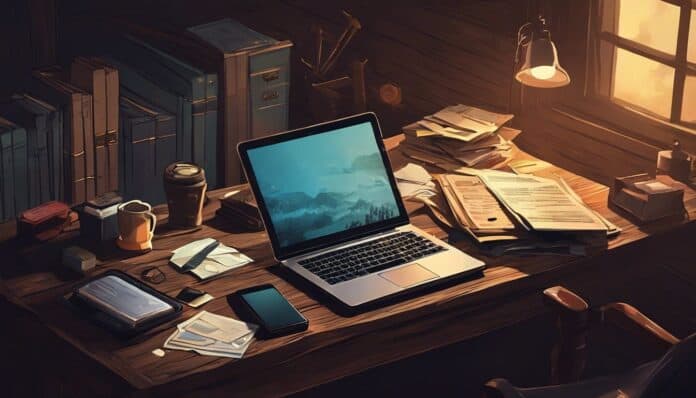 Een oude, rommelige houten bureau met papieren, laptop en mobiele telefoon.