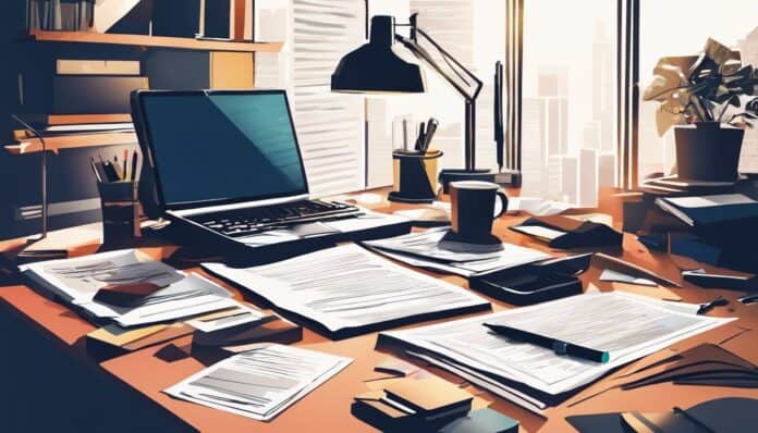 Een rommelig kantoorbureau met documenten en een computer, wat het proces van het voorbereiden van een bedrijfsverkoop symboliseert.