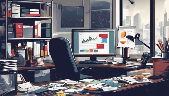 Een rommelig kantoor met financiële documenten en een te koop bord.