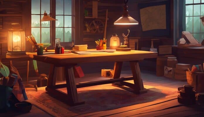 Een traditionele houten tafel met kunstbenodigdheden, teambuildingattributen en buitensportuitrusting.