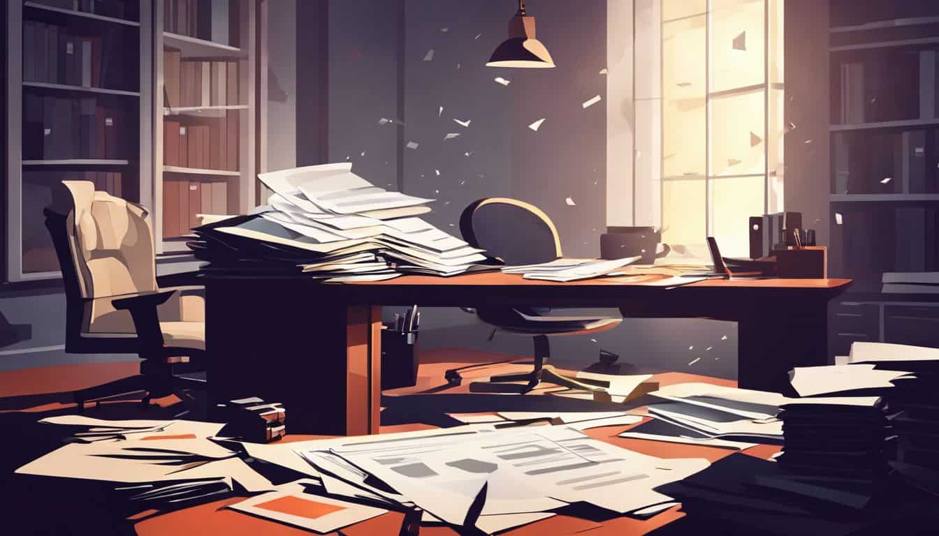 Een rommelig kantoorbureau tijdens bedrijfsovername, onzekere werknemersvoordelen.