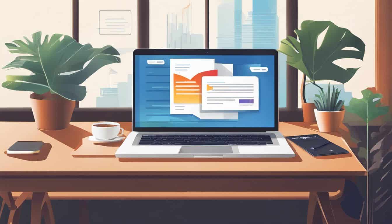 Een moderne en stijlvolle bureausetup met een open laptop voor professionele e-mailcommunicatie.