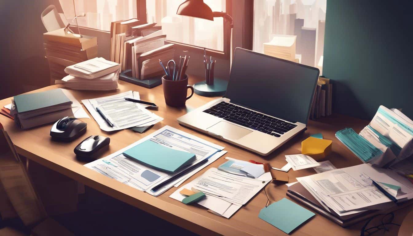 Een rommelig bureau met belastinggerelateerde documenten en kantoorbenodigdheden benadrukt het belang van belastingkrediet voor zelfstandigen en werknemers in loondienst. Een rommelig bureau met belastinggerelateerde documenten en kantoorbenodigdheden benadrukt het belang van belastingkrediet voor zelfstandigen en werknemers in loondienst.