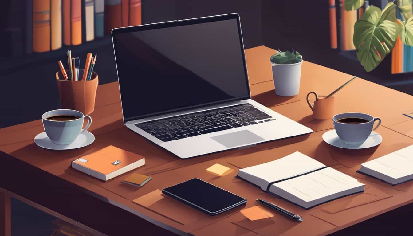 Een gezellig thuiskantoor met een open laptop, notitieboekjes, pennen en koffie. Een gezellig thuiskantoor met een open laptop, notitieboekjes, pennen en koffie.