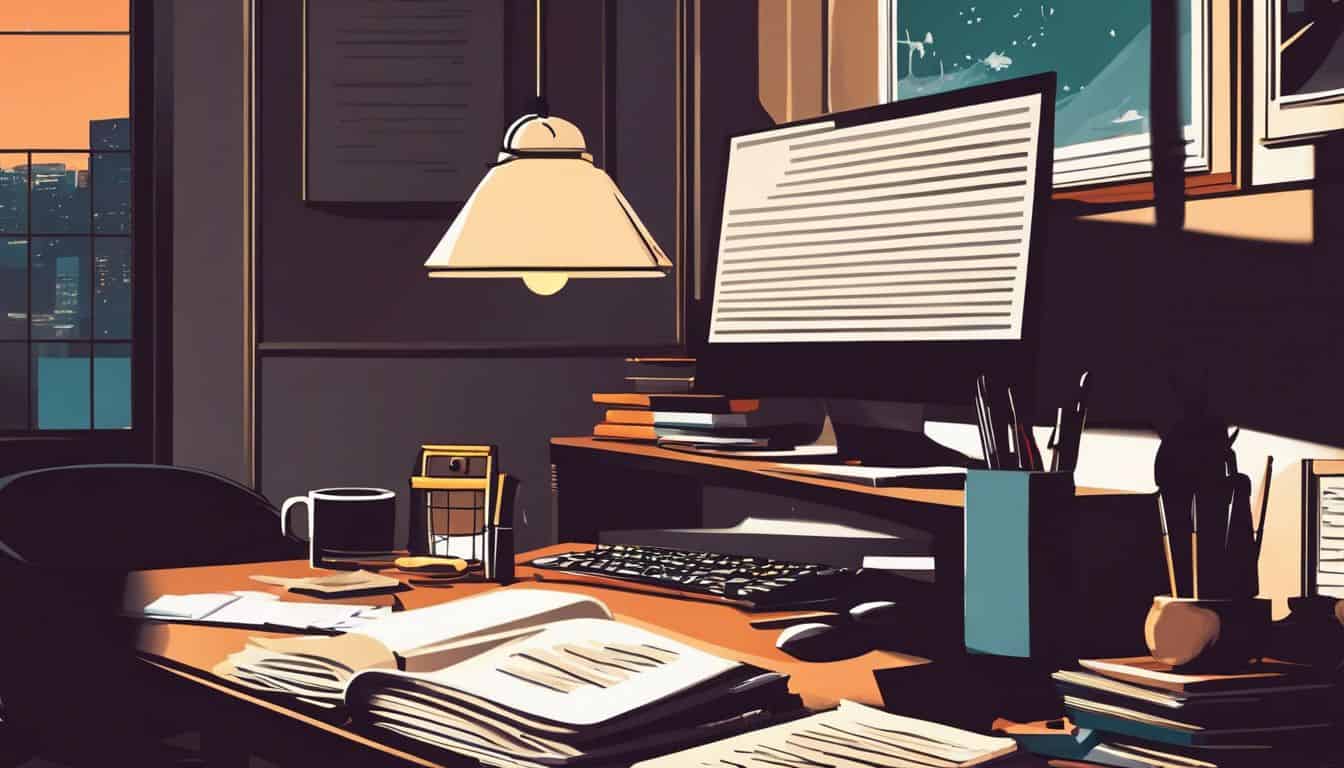 Een rommelig bureau met documenten, laptop en kantoorbenodigdheden. Een rommelig bureau met documenten, laptop en kantoorbenodigdheden.