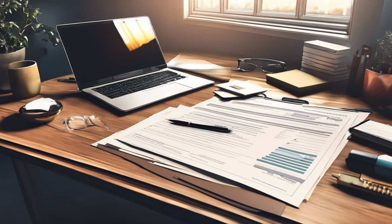 Een georganiseerd bureau met laptop, bedrijfsplan en registratieformulier.