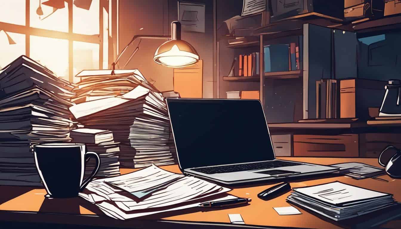 Een rommelig kantoor met stapels papieren, een open laptop en koffie. Een rommelig kantoor met stapels papieren, een open laptop en koffie.