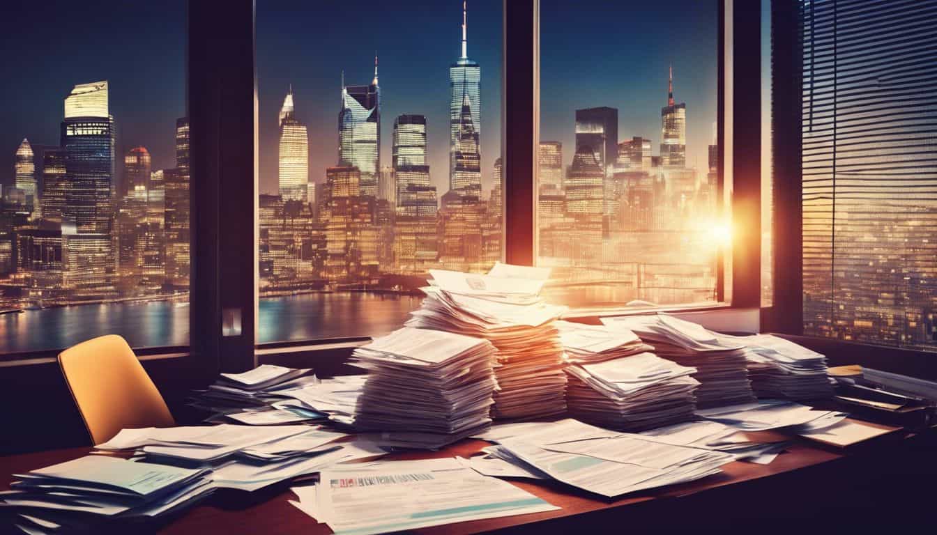 Een rommelig kantoorbureau met internationale belastingformulieren en documenten.