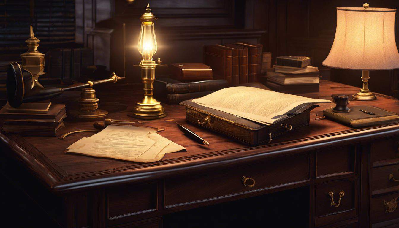 Een oude houten bureau vol met juridische documenten, pennen en een zegelstempel. Een oude houten bureau vol met juridische documenten, pennen en een zegelstempel.