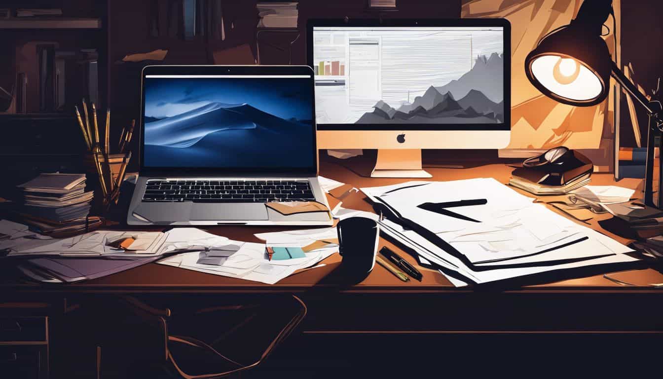 Een rommelig bureau met crumpled papers, pennen en een laptop.