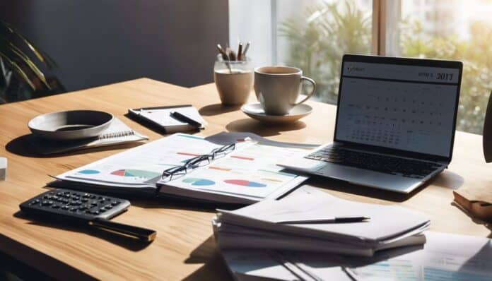 Een opgeruimd bureau met open laptop, papierwerk en koffie.