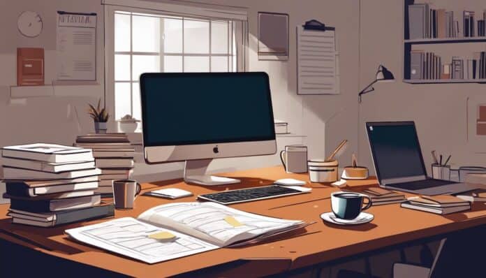 Een rommelig kantoorbureau met papers, een laptop, boeken en koffie.