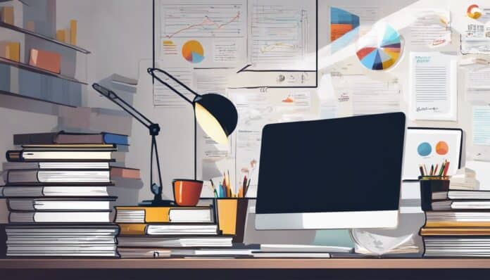 Een rommelig kantoor met boeken, een laptop, notitieblok en whiteboard.