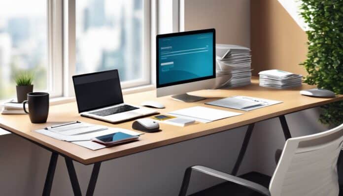 Een moderne kantoorbureau met open laptop, zakelijke documenten en koffiekopje.