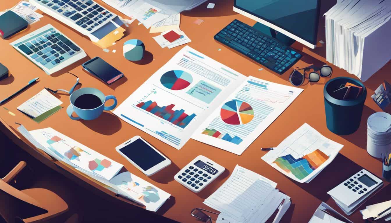 Een rommelig kantoorbureau met financiële documenten en rekenmachines.'