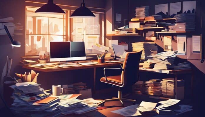 Een rommelig bureau met verspreide financiële documenten en laptops.