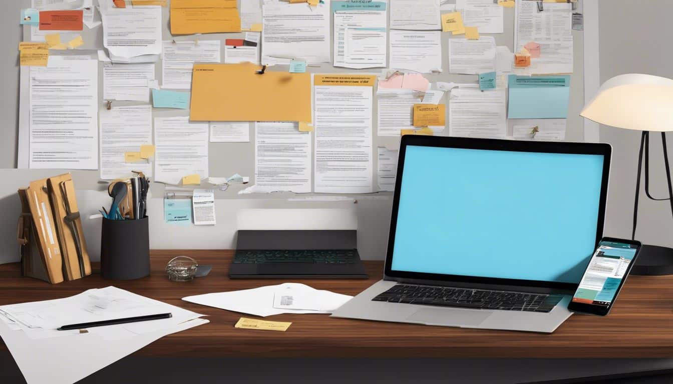 Een rommelig thuiskantoor met papieren, computer en bedrijfseigenarenlijst op prikbord. Een rommelig thuiskantoor met papieren, computer en bedrijfseigenarenlijst op prikbord.