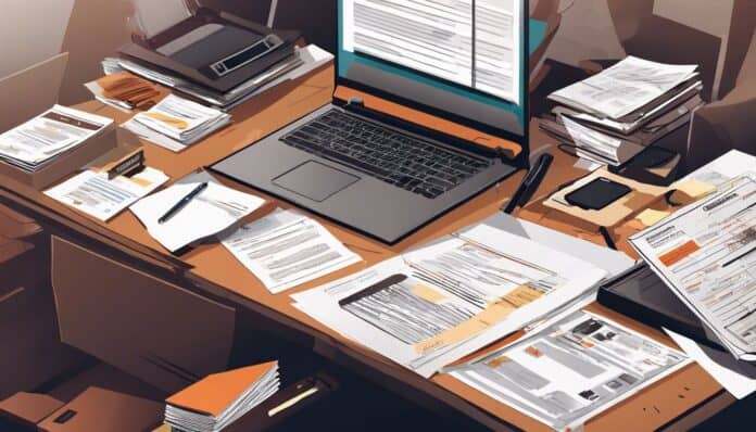 Een rommelig kantoorbureau met stapels papieren, een laptop en documenten.