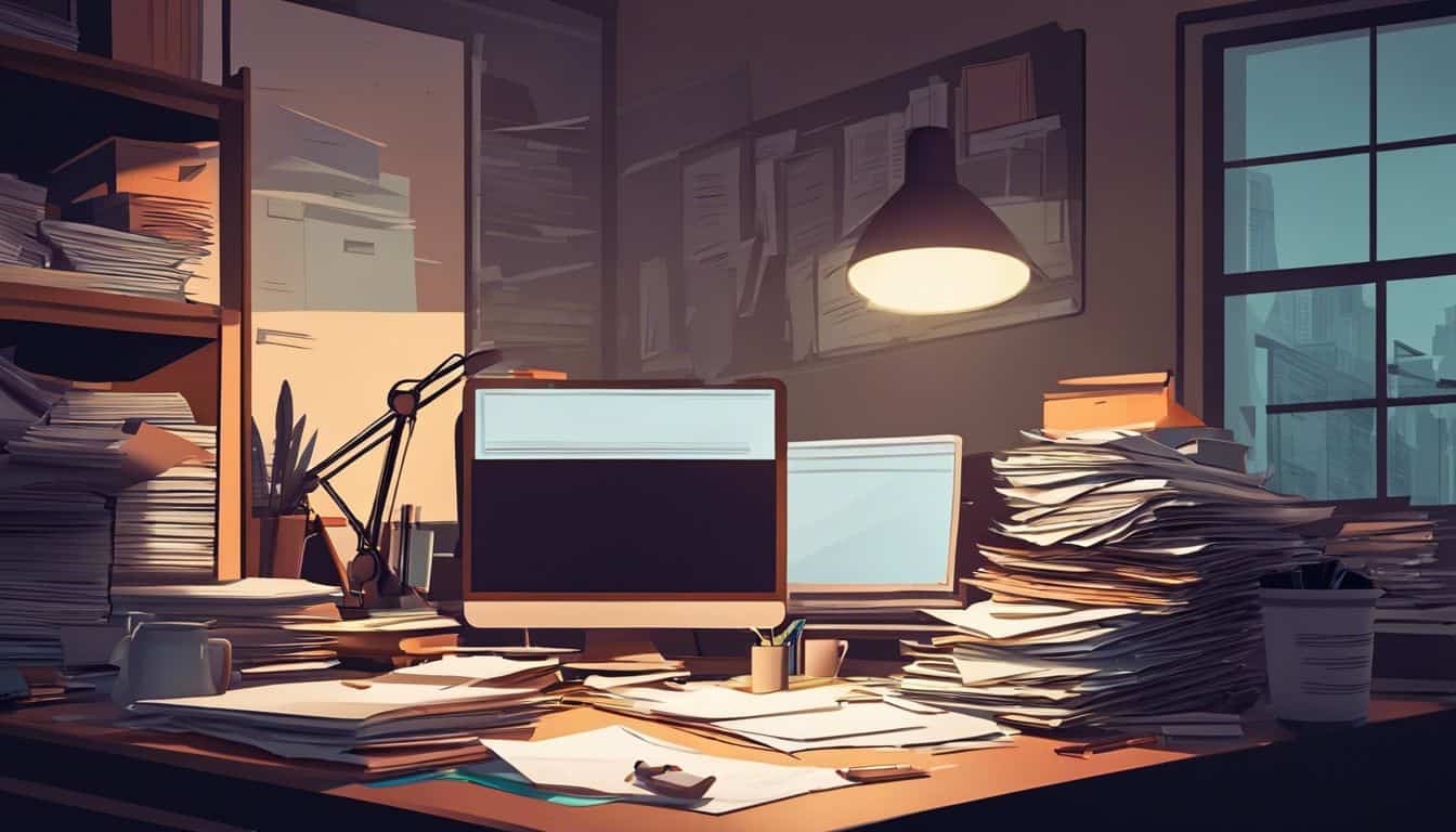 Een rommelig kantoorbureau met stapels papieren en verspreide kantoorartikelen. Een rommelig kantoorbureau met stapels papieren en verspreide kantoorartikelen.