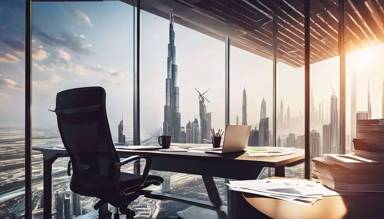 Een moderne kantoorwerkplek met zakelijke documenten en stadsgezicht.