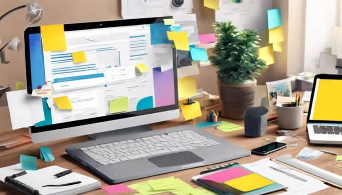 Een rommelig thuiskantoor met verspreide documenten, laptop bedekt met plakbriefjes en een telefoon met open KVK-applicatie website.