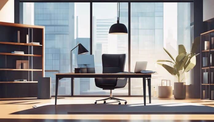 Een lege, opgeruimde kantoorwerkplek met documenten en een laptop.