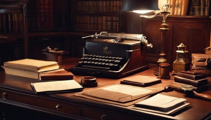 Een vintage houten bureau met notariële documenten, typemachine en stempel.