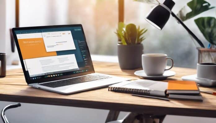 Een laptop toont online zakelijke concepten in een gezellig thuiskantoor.