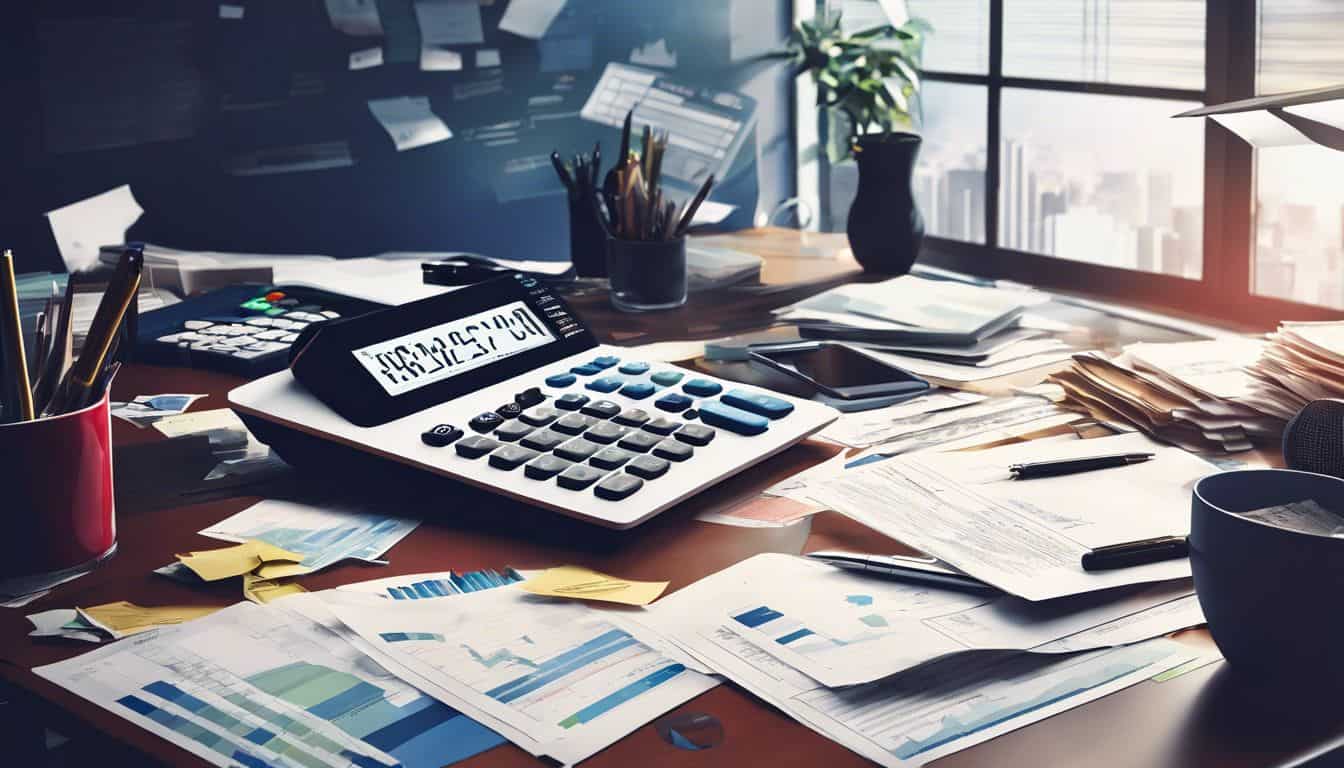 Een rommelig kantoor met financiële documenten en een rekenmachine.