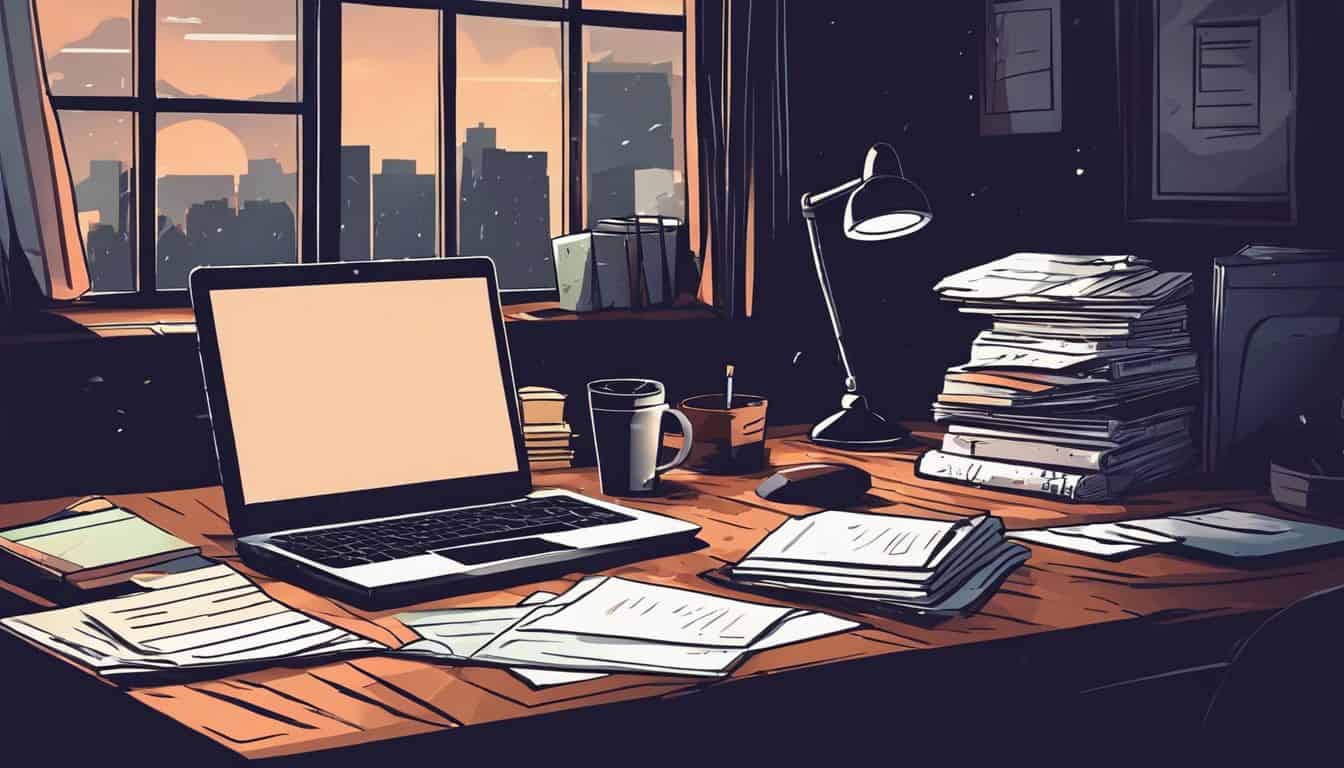 Een rommelig bureau met kantoorbenodigdheden in een somber verlichte kamer. Een rommelig bureau met kantoorbenodigdheden in een somber verlichte kamer.