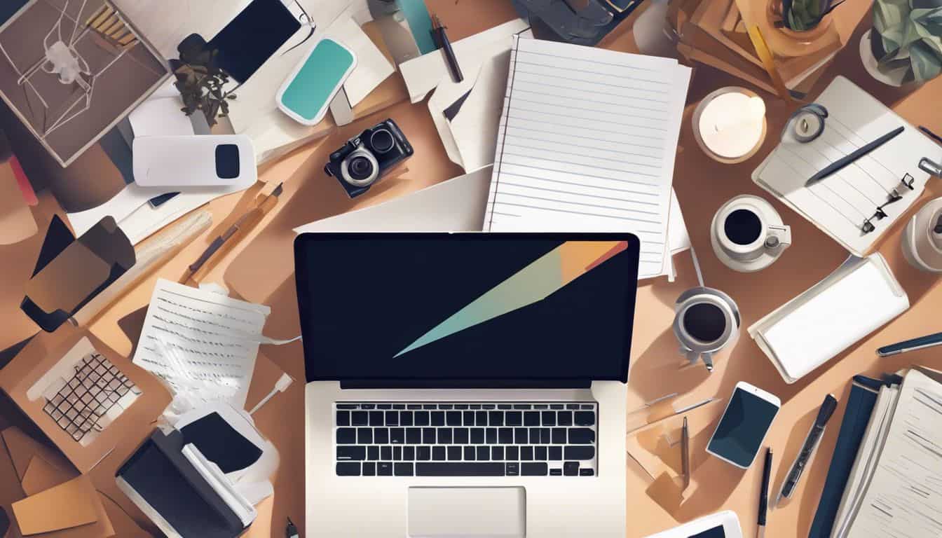 Een rommelig thuiskantoor met open laptop en notitieboeken op tafel. Een rommelig thuiskantoor met open laptop en notitieboeken op tafel.