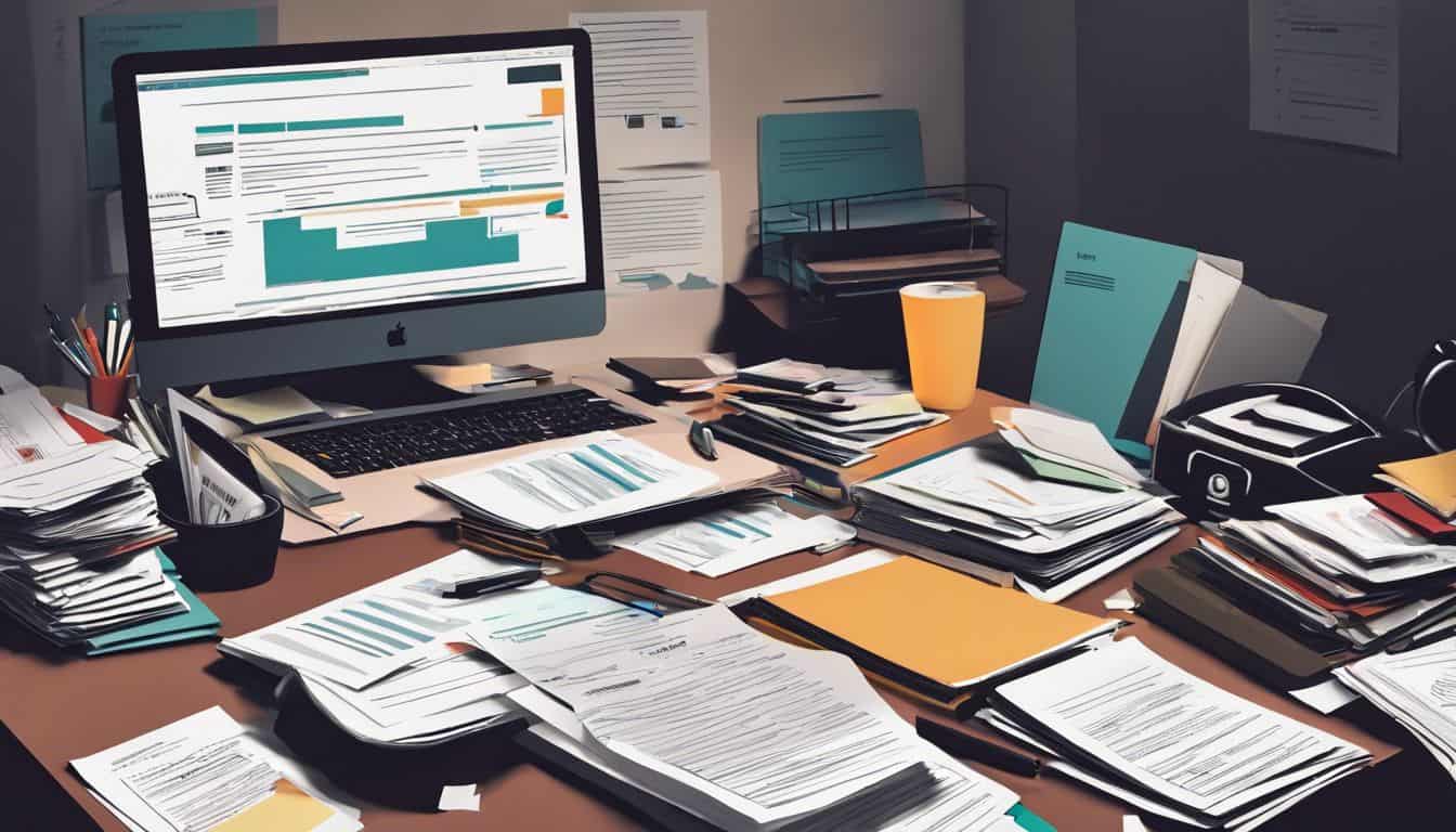 Een rommelig bureau met papieren, documenten en een laptop, klaar voor uitschrijving.