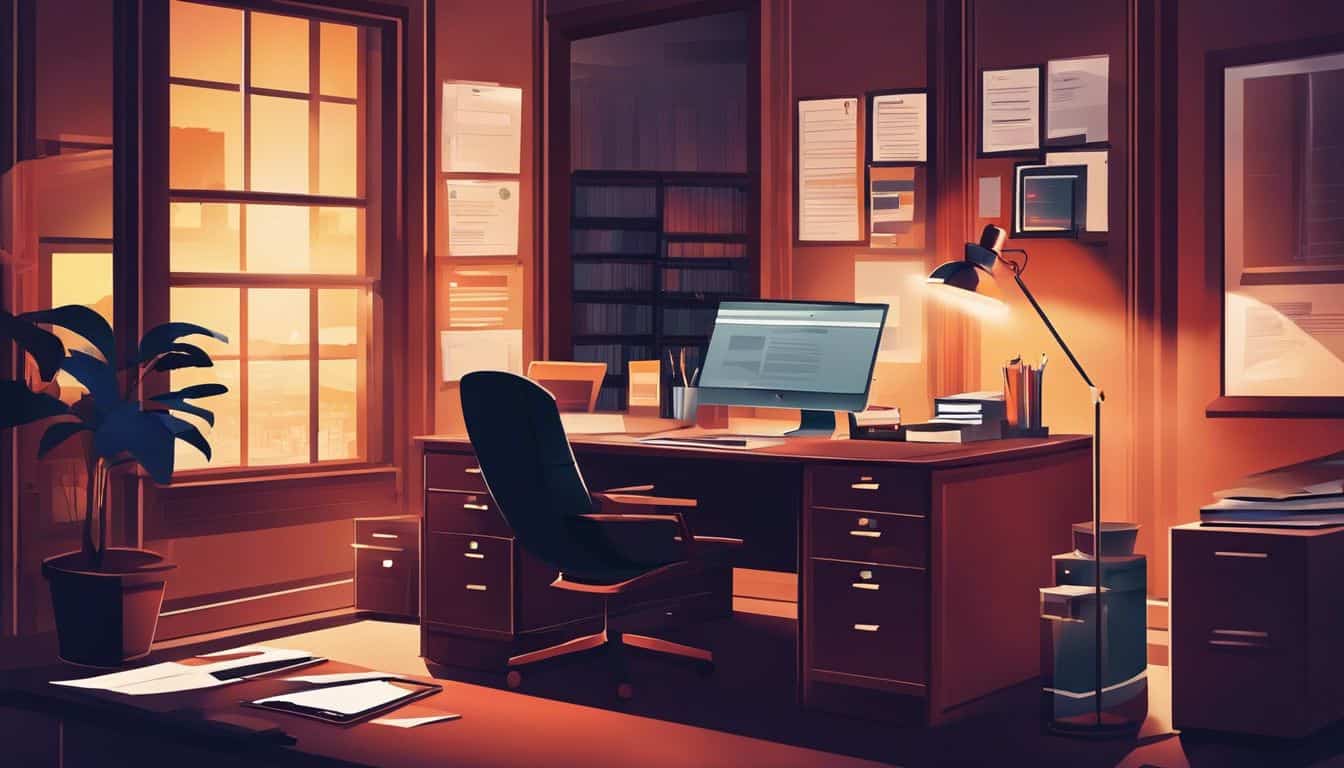 Een rommelig thuiskantoor met papierwerk, een computer en een archiefkast. Een rommelig thuiskantoor met papierwerk, een computer en een archiefkast.