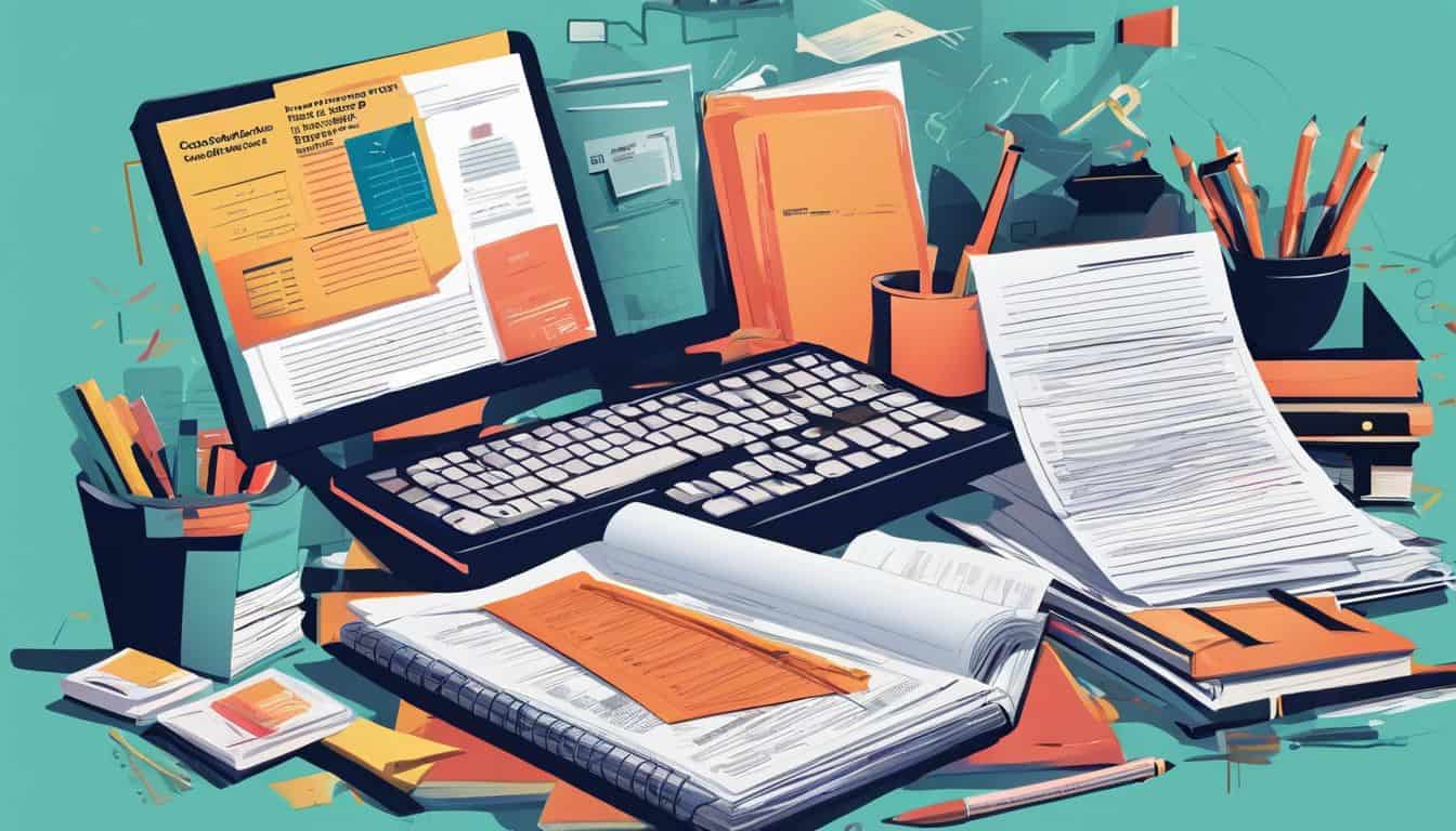 Een rommelig bureau vol financiële documenten, rapporten, en een rekenmachine. Een rommelig bureau vol financiële documenten, rapporten, en een rekenmachine.