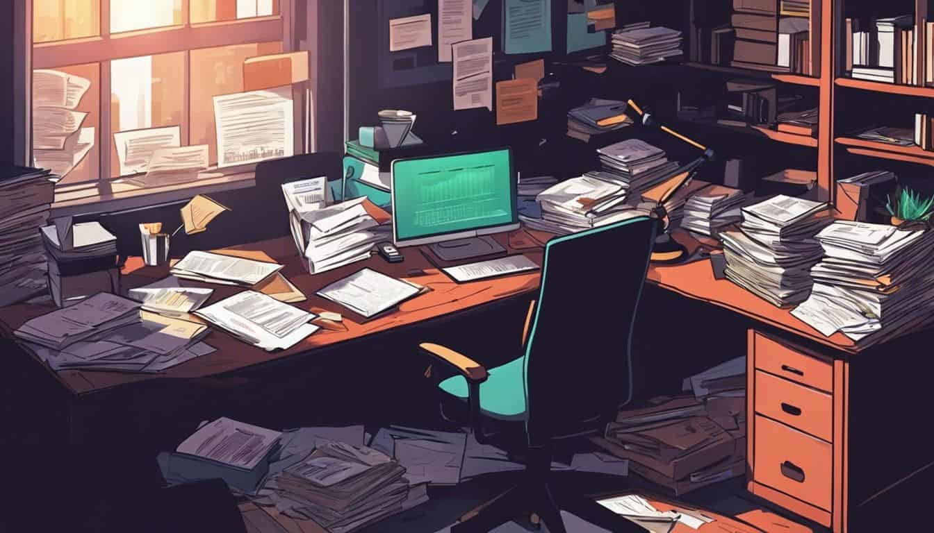 Een rommelig kantoorbureau met stapels documenten en een laptop. Een rommelig kantoorbureau met stapels documenten en een laptop.