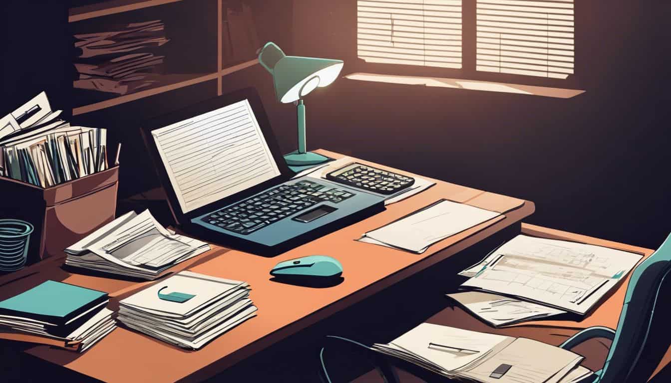 Een rommelig bureau met stapels papierwerk, een versleten rekenmachine en een open laptop, die de beginfase van het opzetten van een bedrijf tijdens werkloosheidsuitkeringen afbeeldt.