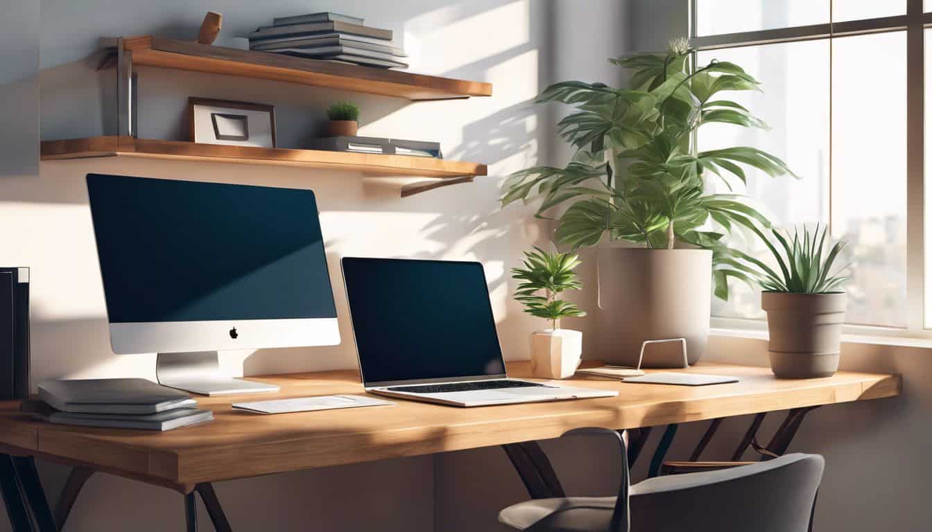 Een comfortabele thuiskantooropstelling met rommelig bureau en plant.