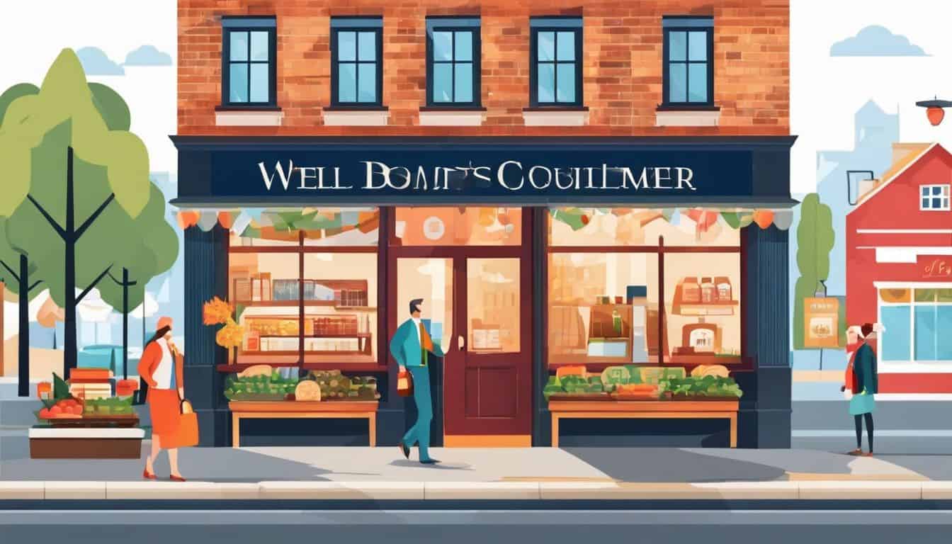 Een welvarende winkel met levendige borden en een drukke straat.