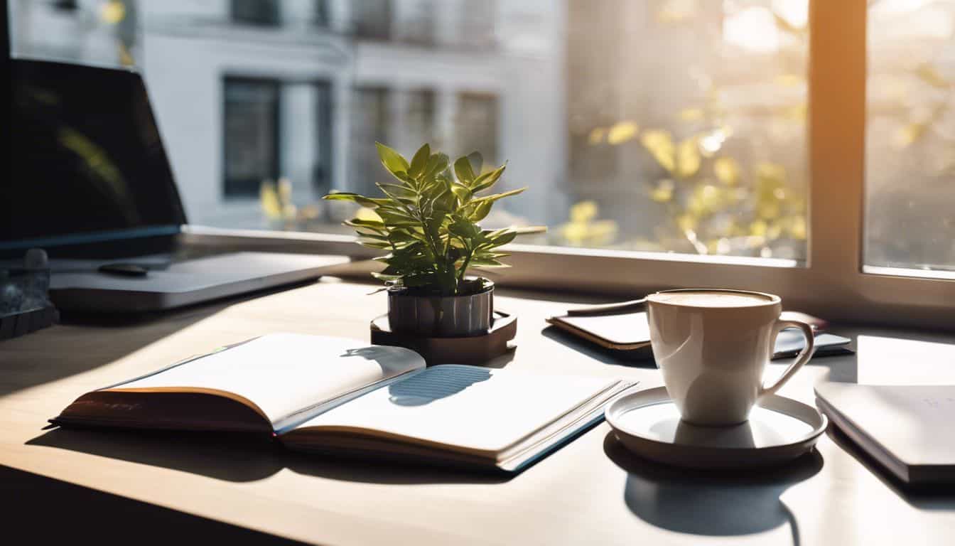 Een moderne thuiskantoor setup met laptop, koffie, plant en planner.