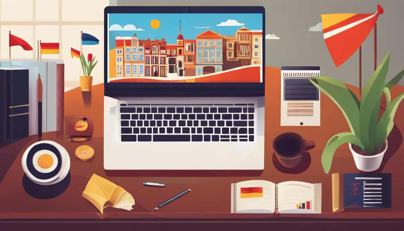 Een kantoor met Nederlandse en Spaanse invloeden, inclusief laptop, tulpenvaas en woordenboek.