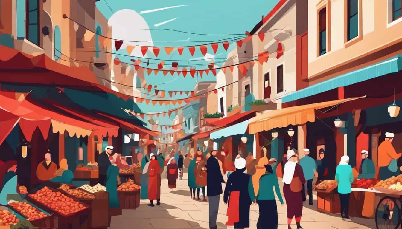 Een traditionele Turkse markt met verkopers en winkelende mensen.