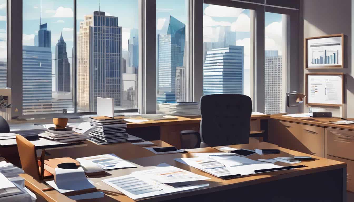 Een rommelig kantoor met papierwerk en een te koop bord buiten. Een rommelig kantoor met papierwerk en een te koop bord buiten.