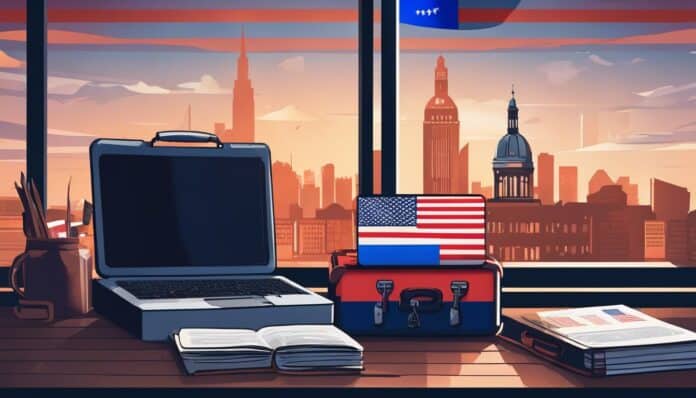 Een open koffer met Nederlandse en Amerikaanse vlaggen, een laptop, en papierwerk op een druk bureau met uitzicht op een bruisende stad bij schemering.